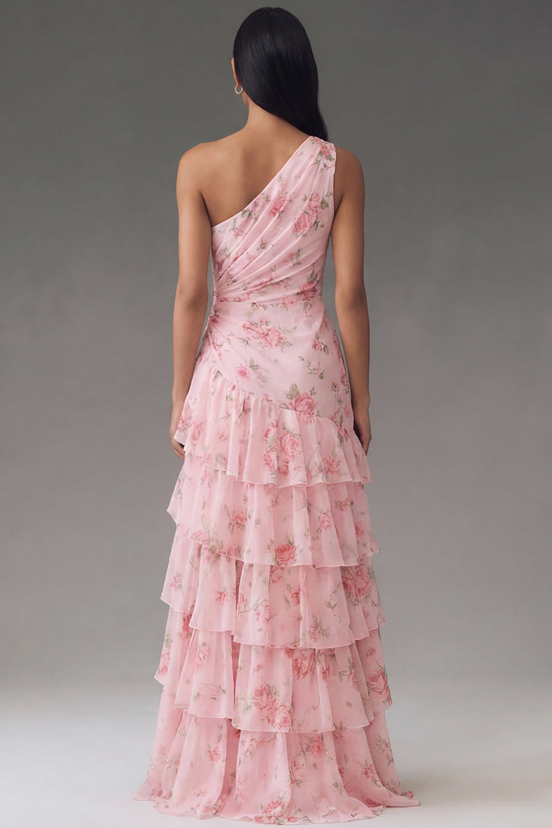 Load image into Gallery viewer, Pink Ruffled Floral Maxi Ruched A Line Formal Dress with Slit