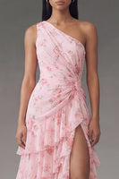 Load image into Gallery viewer, Pink Ruffled Floral Maxi Ruched A Line Formal Dress with Slit