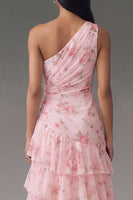 Load image into Gallery viewer, Pink Ruffled Floral Maxi Ruched A Line Formal Dress with Slit
