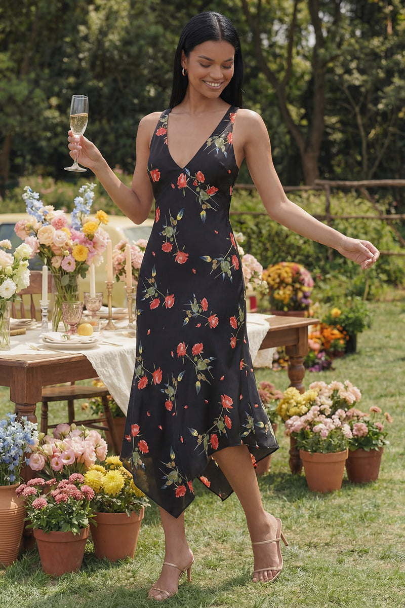 Load image into Gallery viewer, Black Floral V-Neck A Line Asymmetrical Formal Dress