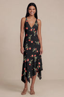 Load image into Gallery viewer, Black Floral V-Neck A Line Asymmetrical Formal Dress
