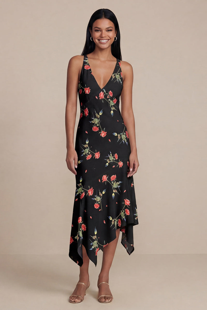 Load image into Gallery viewer, Black Floral V-Neck A Line Asymmetrical Formal Dress