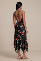 Load image into Gallery viewer, Black Floral V-Neck A Line Asymmetrical Formal Dress