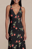 Load image into Gallery viewer, Black Floral V-Neck A Line Asymmetrical Formal Dress