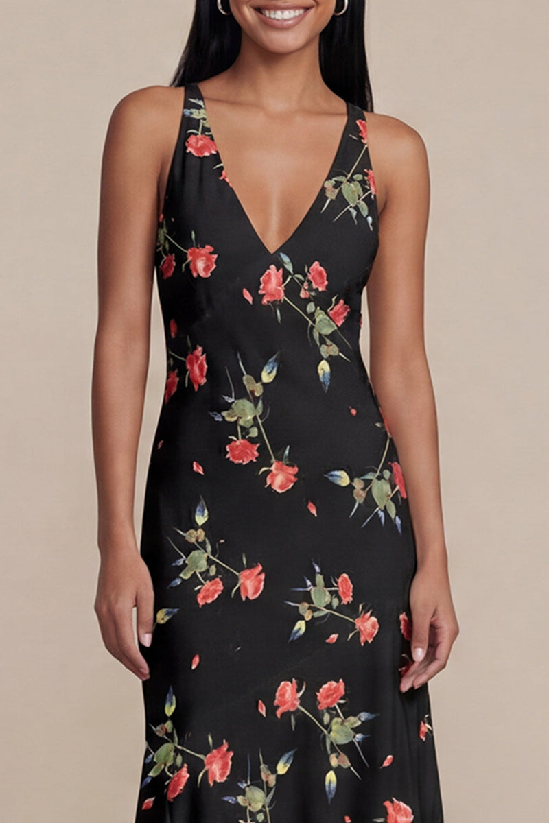 Load image into Gallery viewer, Black Floral V-Neck A Line Asymmetrical Formal Dress