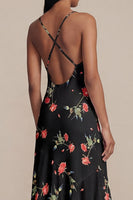 Load image into Gallery viewer, Black Floral V-Neck A Line Asymmetrical Formal Dress