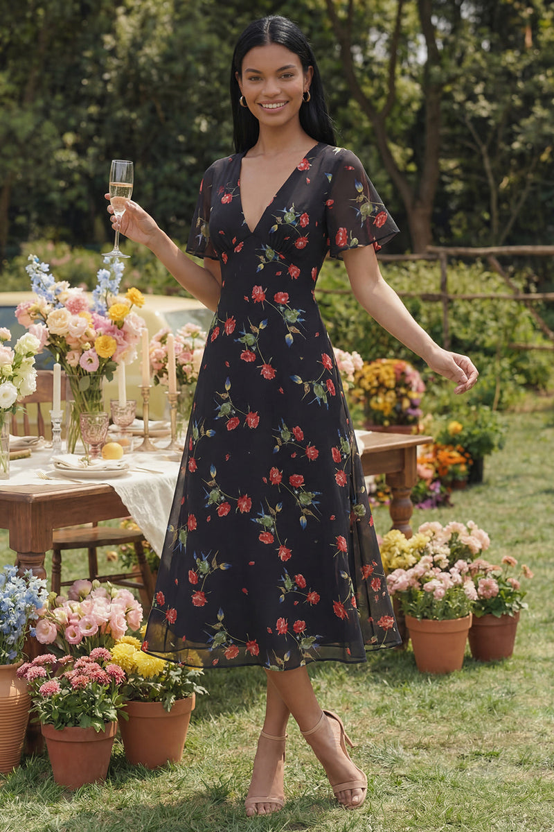 Load image into Gallery viewer, Black A Line V-Neck Floral Maxi Formal Dress
