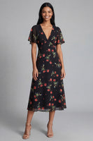 Load image into Gallery viewer, Black A Line V-Neck Floral Maxi Formal Dress