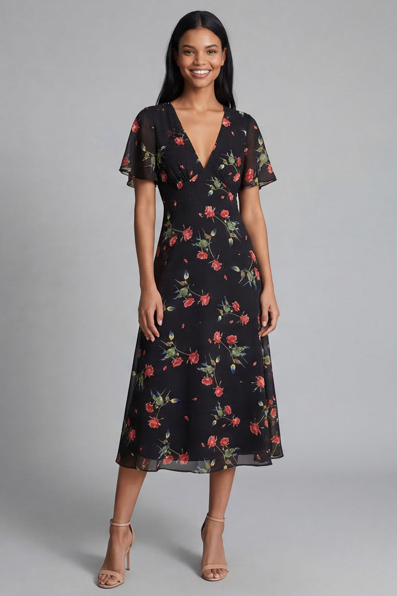 Load image into Gallery viewer, Black A Line V-Neck Floral Maxi Formal Dress