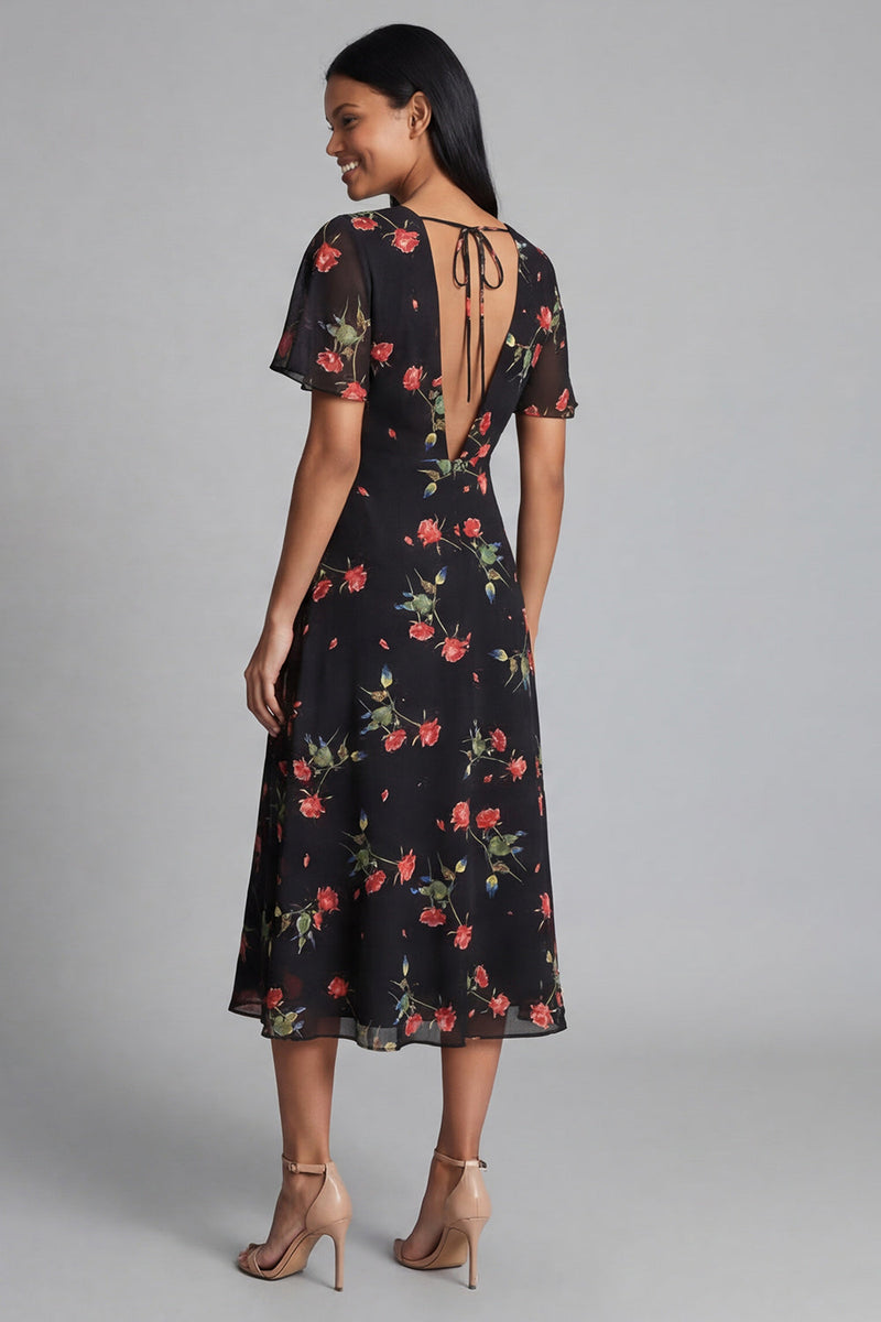Load image into Gallery viewer, Black A Line V-Neck Floral Maxi Formal Dress