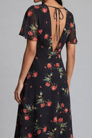 Load image into Gallery viewer, Black A Line V-Neck Floral Maxi Formal Dress