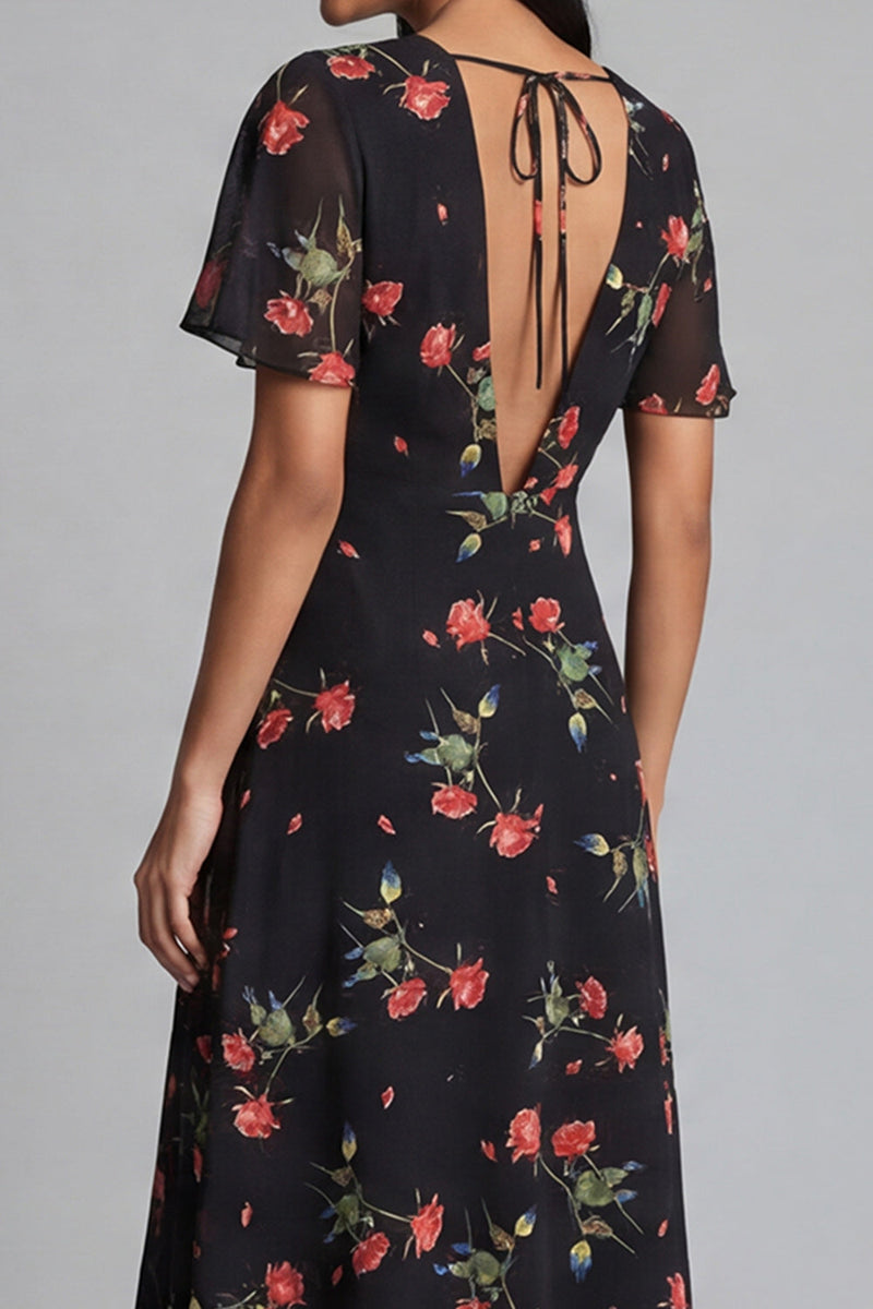 Load image into Gallery viewer, Black A Line V-Neck Floral Maxi Formal Dress