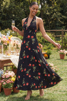 Load image into Gallery viewer, Halter Black Floral A Line Maxi Formal Dress