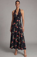 Load image into Gallery viewer, Halter Black Floral A Line Maxi Formal Dress