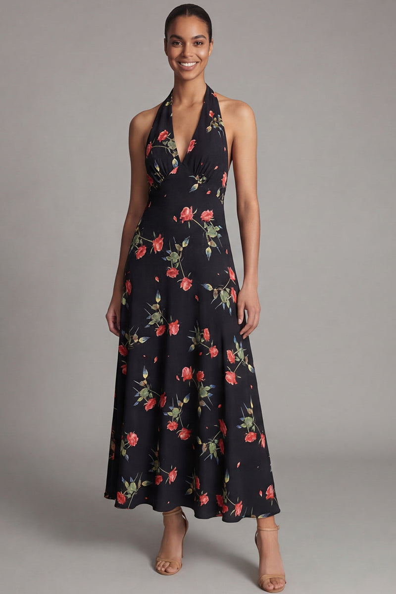 Load image into Gallery viewer, Halter Black Floral A Line Maxi Formal Dress