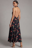 Load image into Gallery viewer, Halter Black Floral A Line Maxi Formal Dress