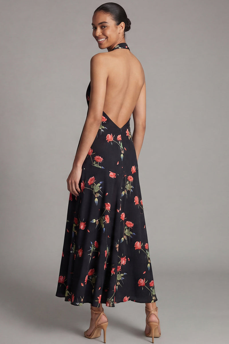 Load image into Gallery viewer, Halter Black Floral A Line Maxi Formal Dress