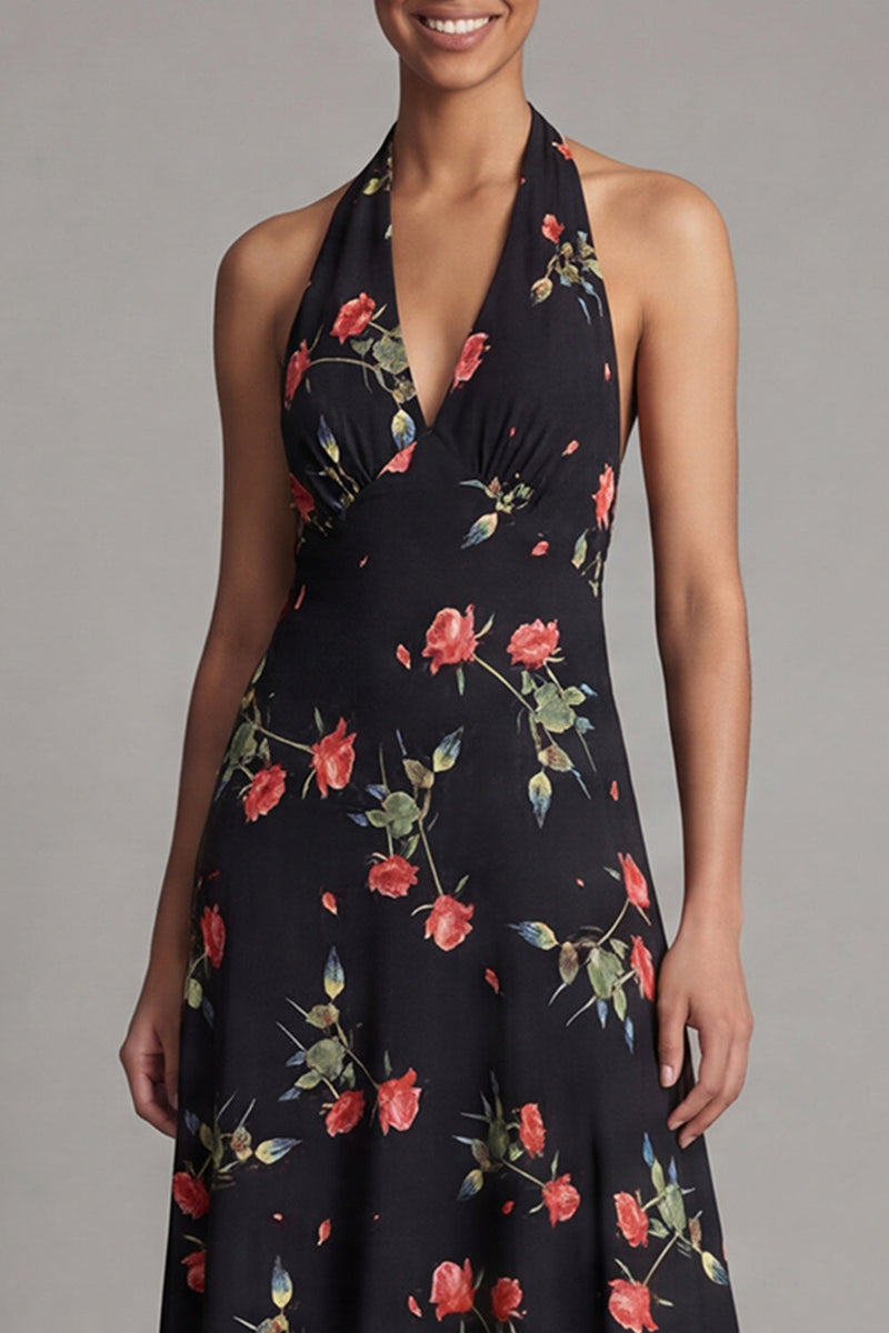 Load image into Gallery viewer, Halter Black Floral A Line Maxi Formal Dress