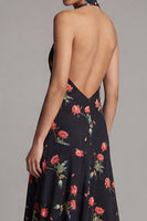 Load image into Gallery viewer, Halter Black Floral A Line Maxi Formal Dress
