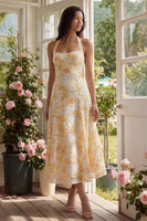 Load image into Gallery viewer, Yellow Lace Halter A Line Floral Maxi Formal with Bow