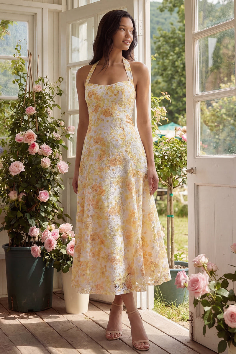 Load image into Gallery viewer, Yellow Lace Halter A Line Floral Maxi Formal with Bow