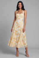 Load image into Gallery viewer, Yellow Lace Halter A Line Floral Maxi Formal with Bow