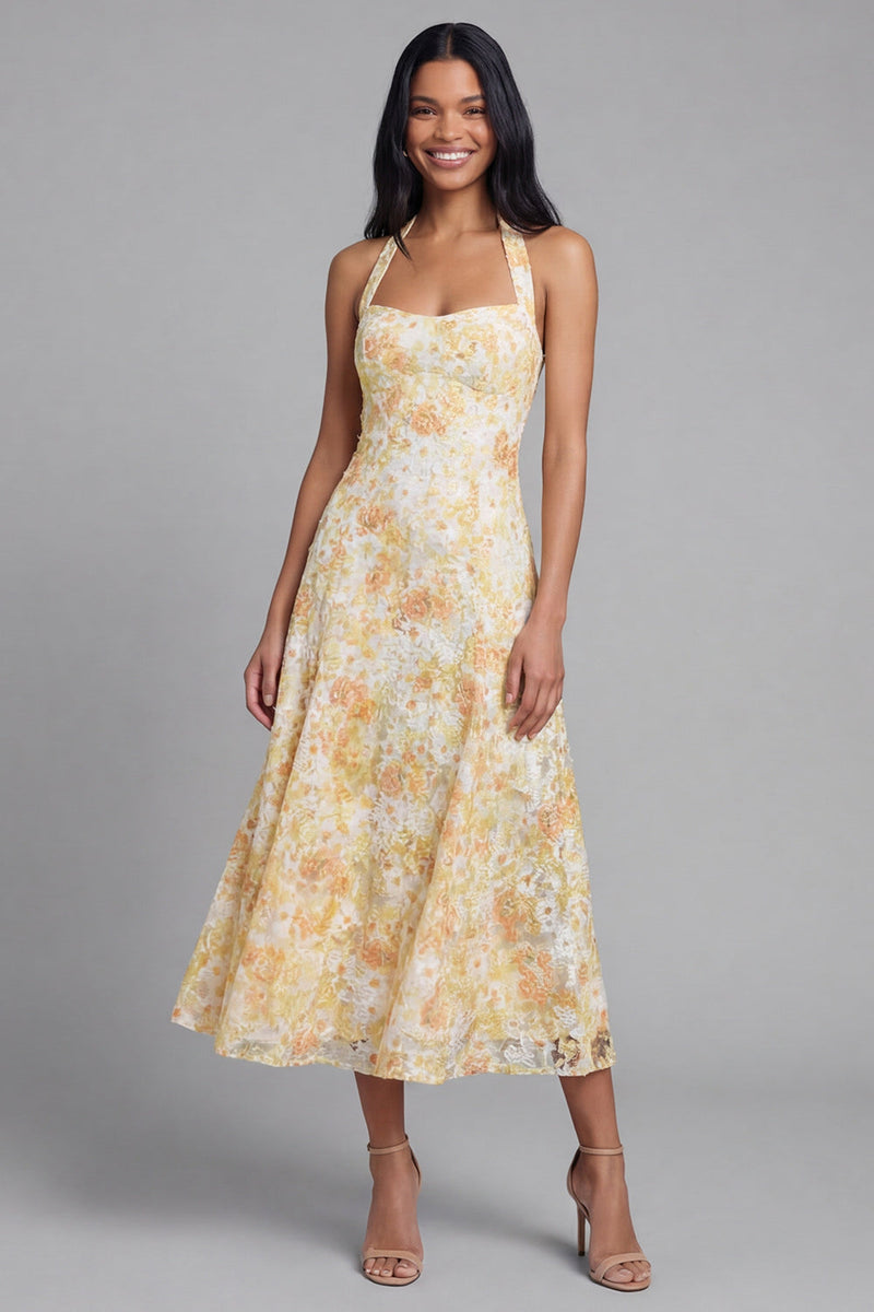 Load image into Gallery viewer, Yellow Lace Halter A Line Floral Maxi Formal with Bow