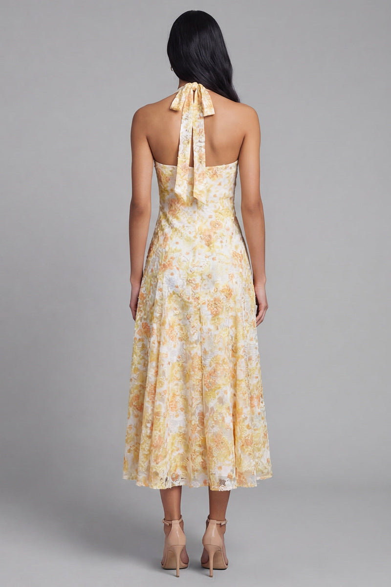 Load image into Gallery viewer, Yellow Lace Halter A Line Floral Maxi Formal with Bow