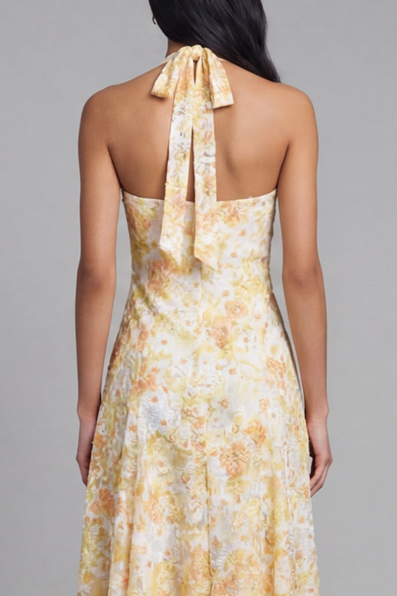 Load image into Gallery viewer, Yellow Lace Halter A Line Floral Maxi Formal with Bow