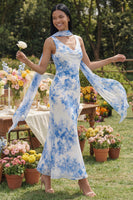 Load image into Gallery viewer, White Blue Flower Mermaid Neck Scarf Floral Maxi Formal Dress
