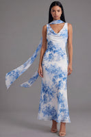 Load image into Gallery viewer, White Blue Flower Mermaid Neck Scarf Floral Maxi Formal Dress