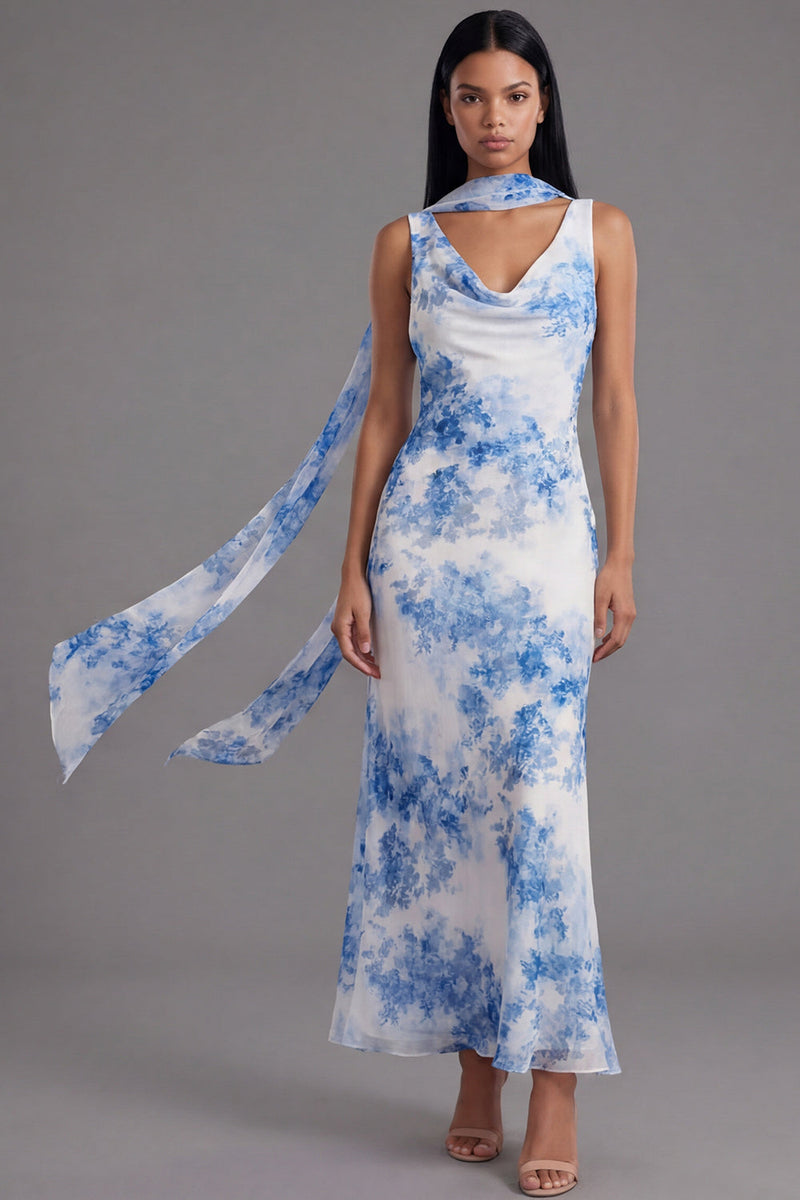 Load image into Gallery viewer, White Blue Flower Mermaid Neck Scarf Floral Maxi Formal Dress