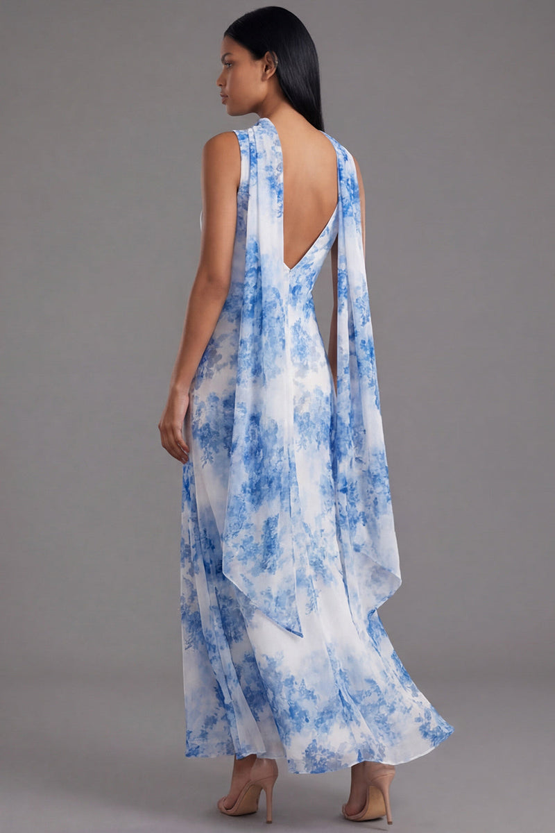 Load image into Gallery viewer, White Blue Flower Mermaid Neck Scarf Floral Maxi Formal Dress