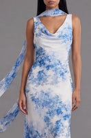 Load image into Gallery viewer, White Blue Flower Mermaid Neck Scarf Floral Maxi Formal Dress