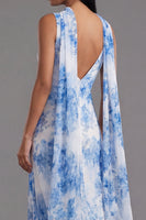 Load image into Gallery viewer, White Blue Flower Mermaid Neck Scarf Floral Maxi Formal Dress