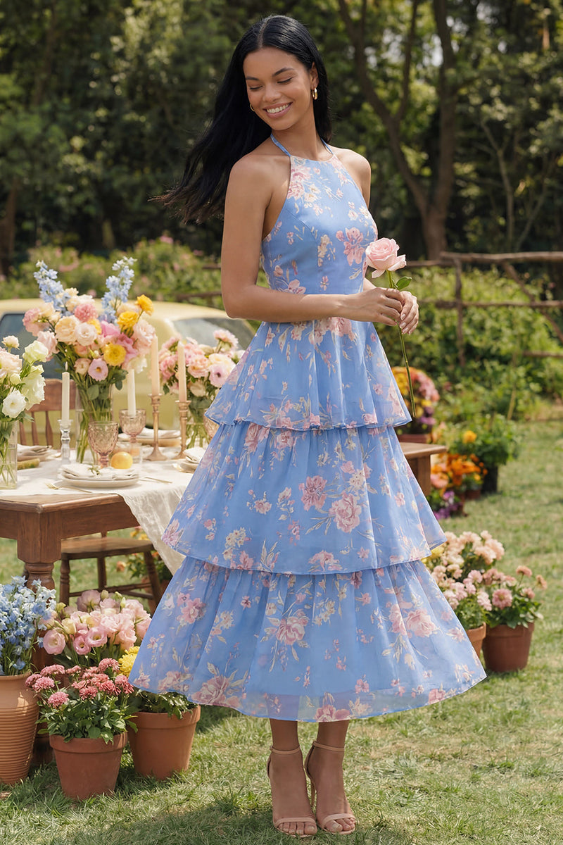 Load image into Gallery viewer, Blue Floral Ruffled A Line Maxi Formal Dress with Bow