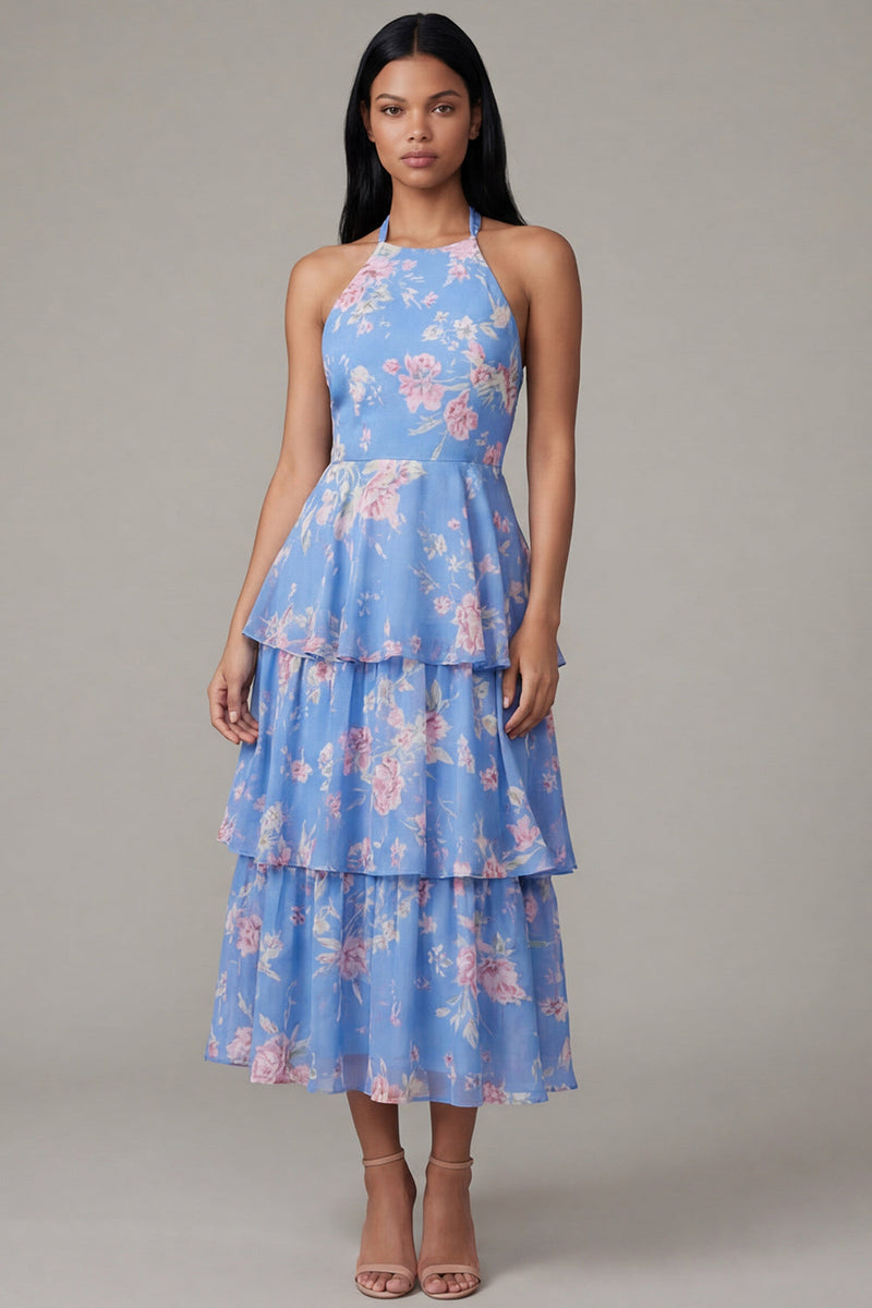 Load image into Gallery viewer, Blue Floral Ruffled A Line Maxi Formal Dress with Bow