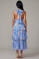 Load image into Gallery viewer, Blue Floral Ruffled A Line Maxi Formal Dress with Bow