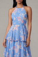 Load image into Gallery viewer, Blue Floral Ruffled A Line Maxi Formal Dress with Bow