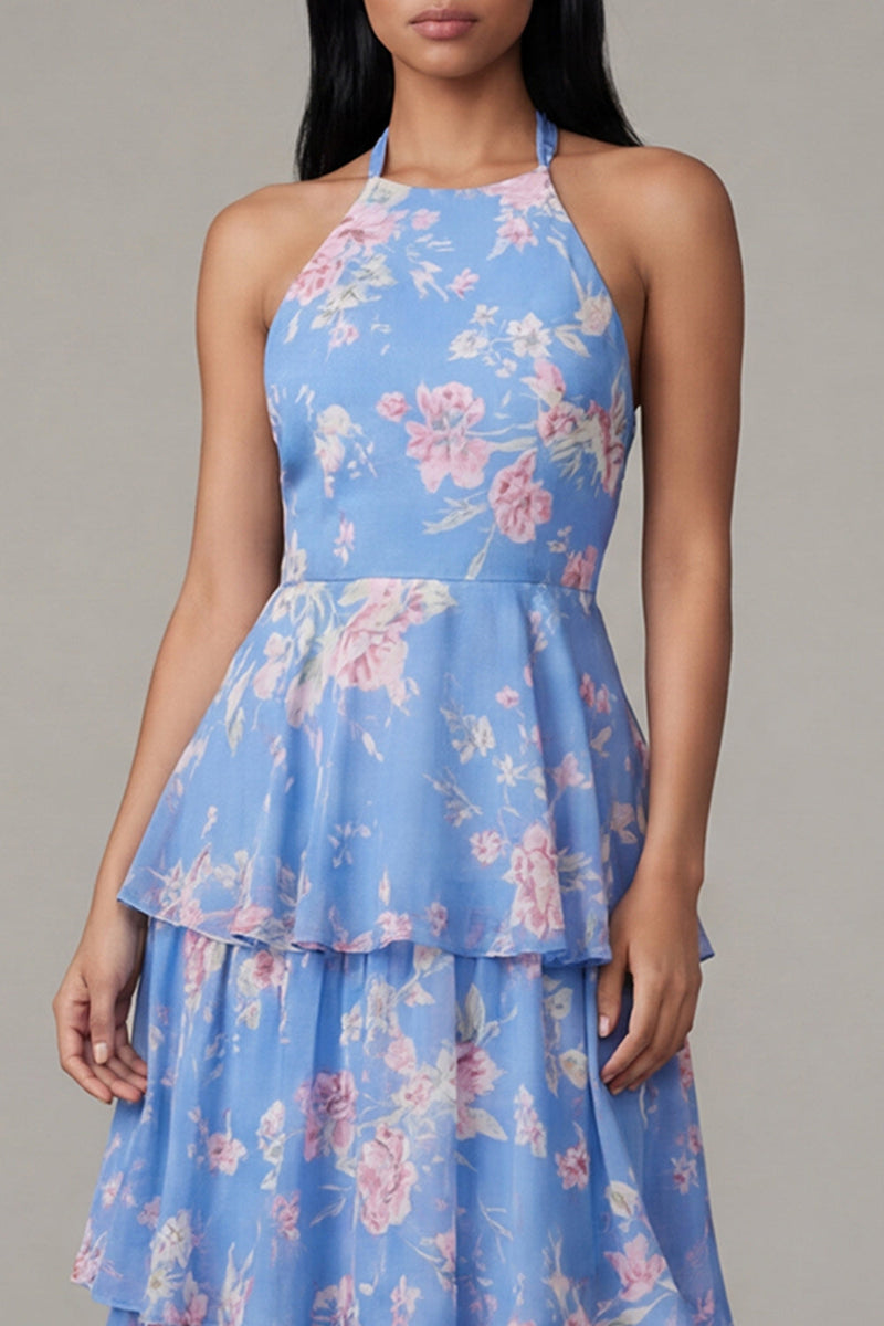 Load image into Gallery viewer, Blue Floral Ruffled A Line Maxi Formal Dress with Bow