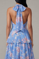 Load image into Gallery viewer, Blue Floral Ruffled A Line Maxi Formal Dress with Bow