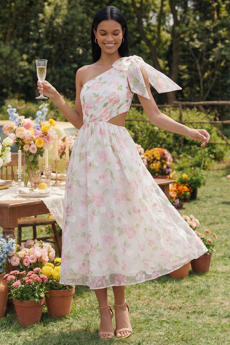Load image into Gallery viewer, White Pink Floral A Line Maxi Formal Dress with Bow