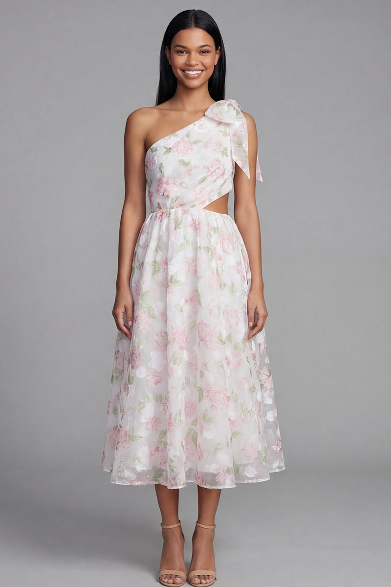 Load image into Gallery viewer, White Pink Floral A Line Maxi Formal Dress with Bow