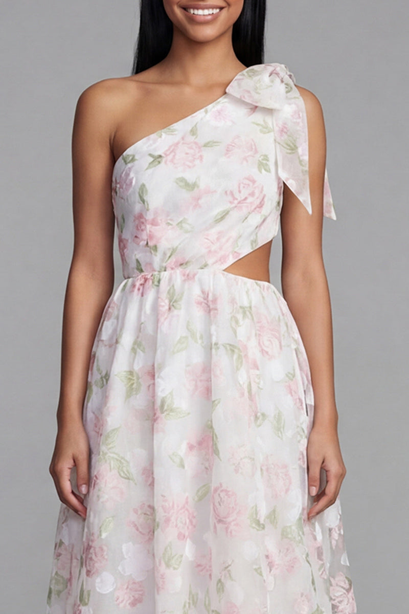 Load image into Gallery viewer, White Pink Floral A Line Maxi Formal Dress with Bow