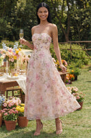 Load image into Gallery viewer, Sparkly Pink A Line Sequin Floral Maxi Strapless Formal Dress