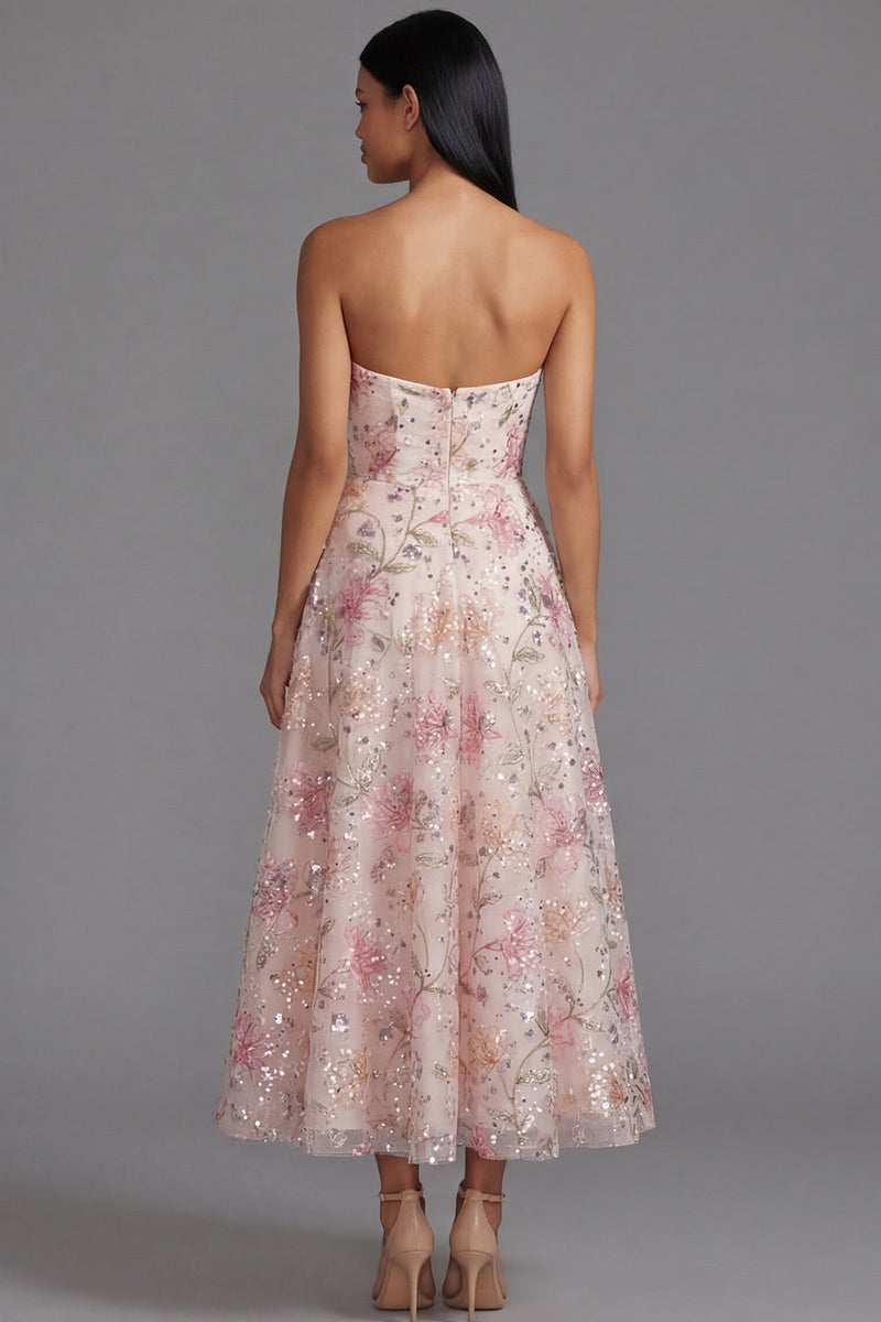 Load image into Gallery viewer, Sparkly Pink A Line Sequin Floral Maxi Strapless Formal Dress