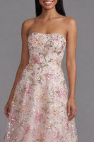 Load image into Gallery viewer, Sparkly Pink A Line Sequin Floral Maxi Strapless Formal Dress