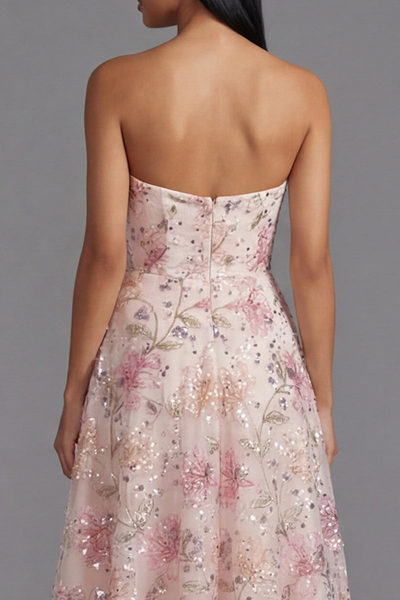 Load image into Gallery viewer, Sparkly Pink A Line Sequin Floral Maxi Strapless Formal Dress