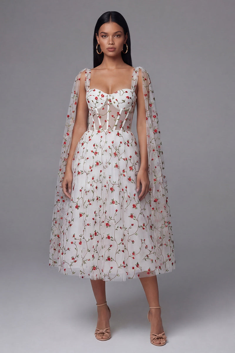 Load image into Gallery viewer, Ivory A Line Floral Maxi Corset Formal Dress with Cape