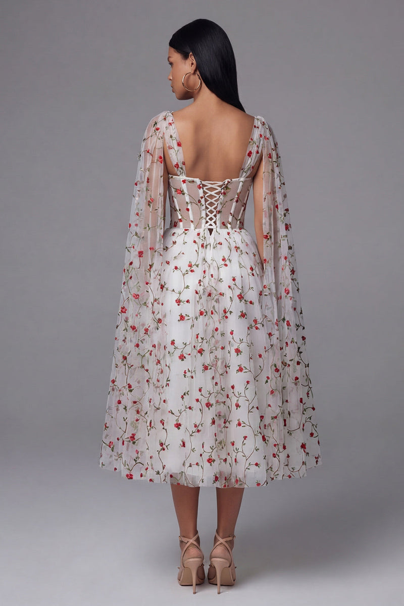Load image into Gallery viewer, Ivory A Line Floral Maxi Corset Formal Dress with Cape